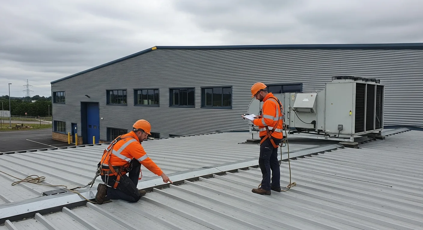 Commercial roofing contractors inspecting a flat roof