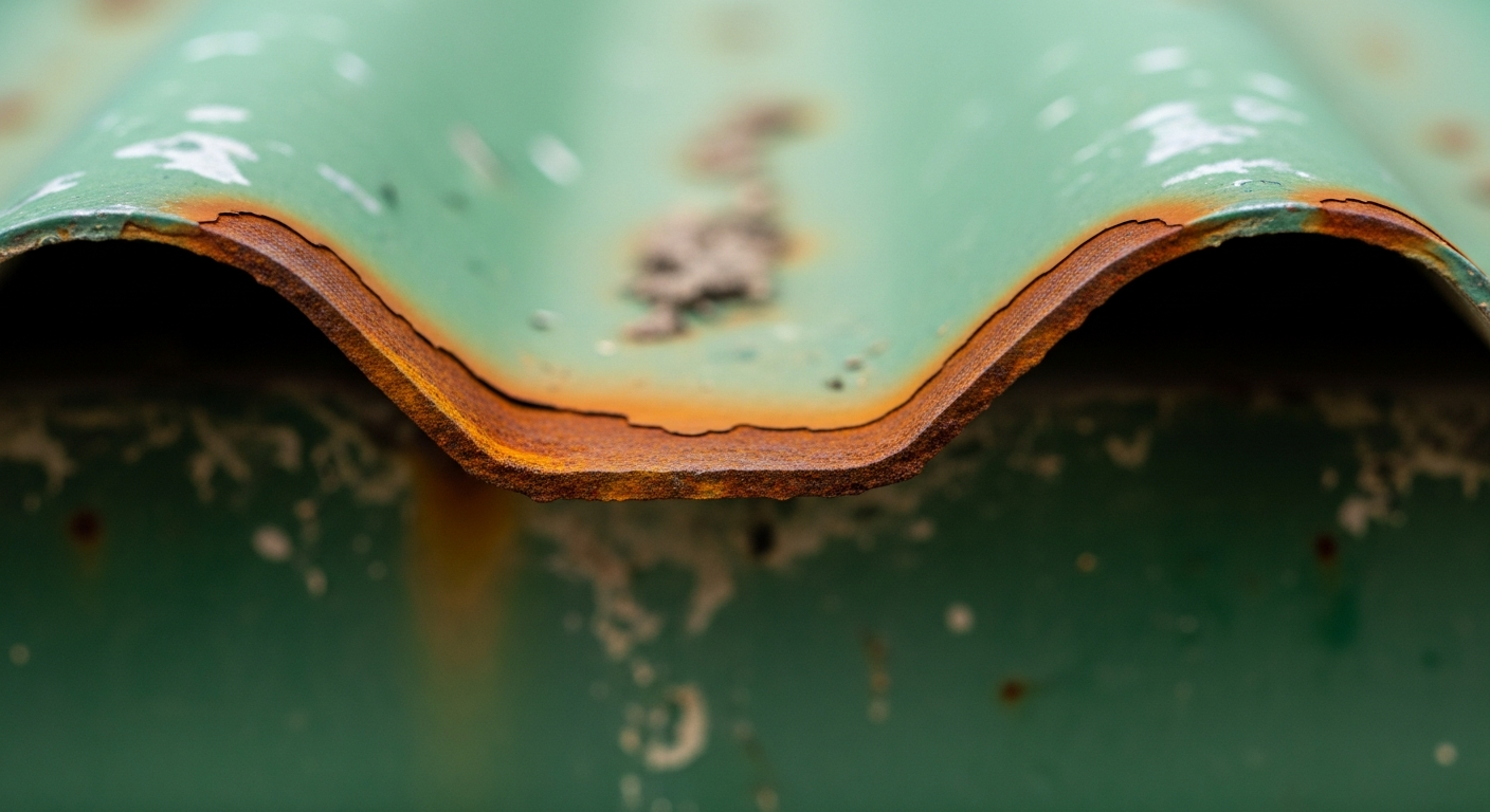 Macro close-up of cut edge corrosion on a green-painted profiled metal industrial roof sheet, showing orange rust spreading along the cut edge.