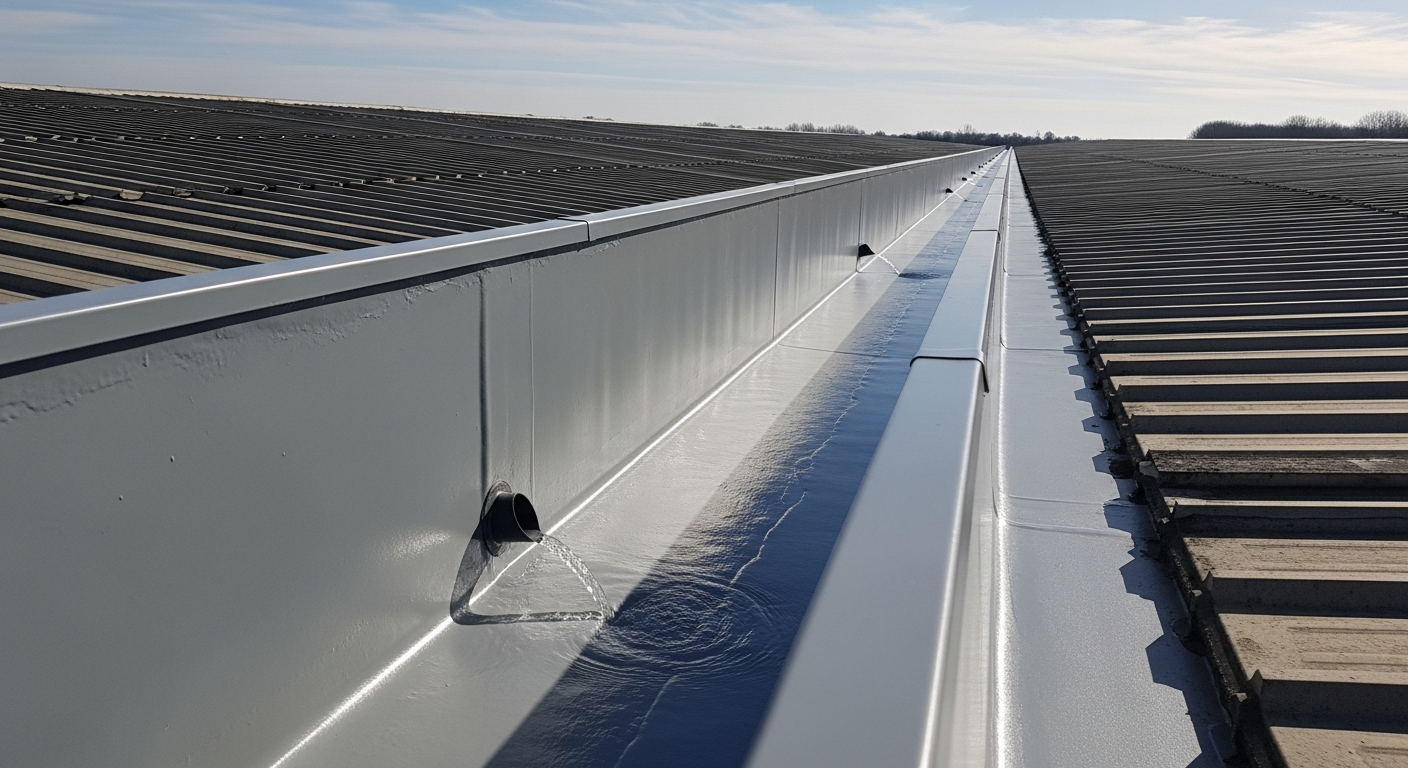 Wide industrial photograph of a long commercial box gutter on a UK warehouse roof, freshly lined with seamless grey liquid membrane and draining cleanly into an outlet.