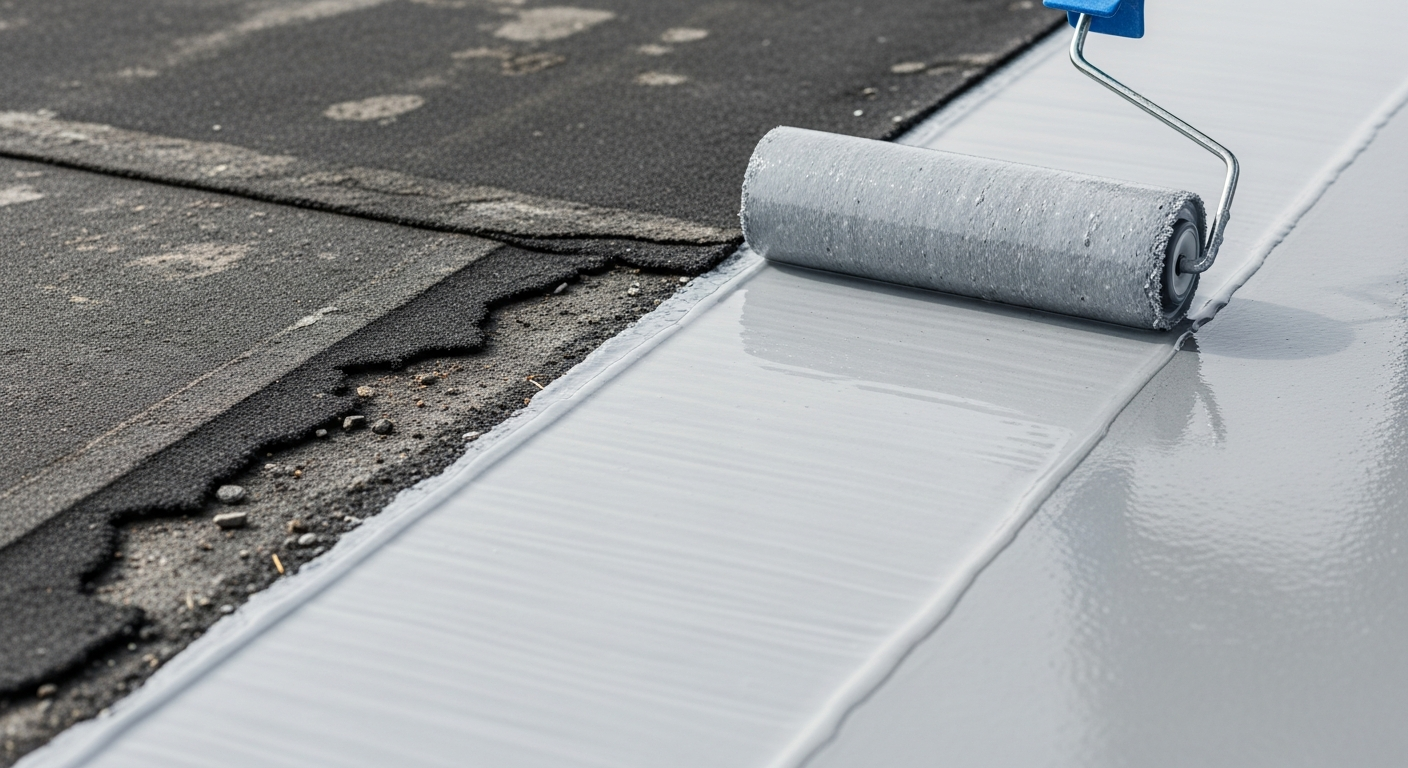 Side-by-side comparison on a commercial flat roof: a roller applying clear liquid waterproofing membrane next to a section of torn-up old black bitumen felt.