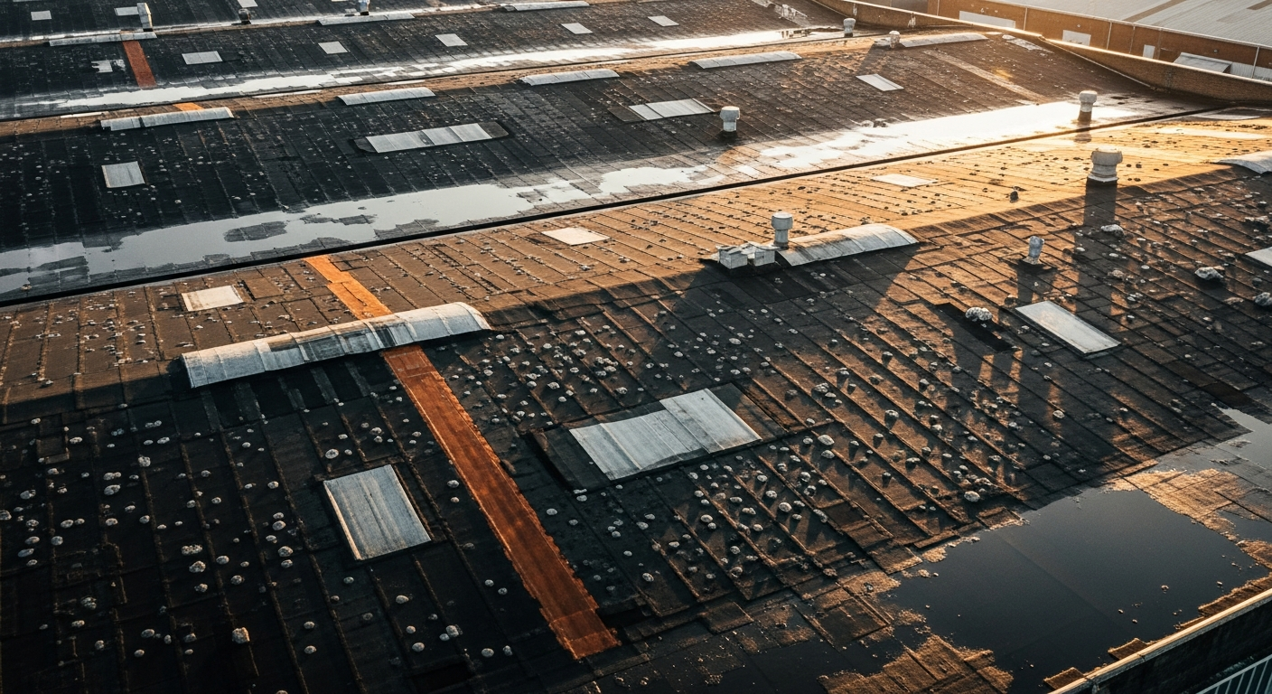 Aerial drone photograph of a UK warehouse roof showing visible water ponding, blistered black felt, and orange rust streaks running from the metal flashings.